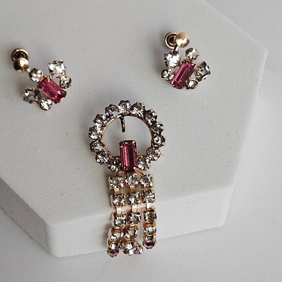 Vtg Marks & Spencer 12K Gold-Filled Rare Pink Rhinestone Brooch & Earrings Set - Picture 3 of 16